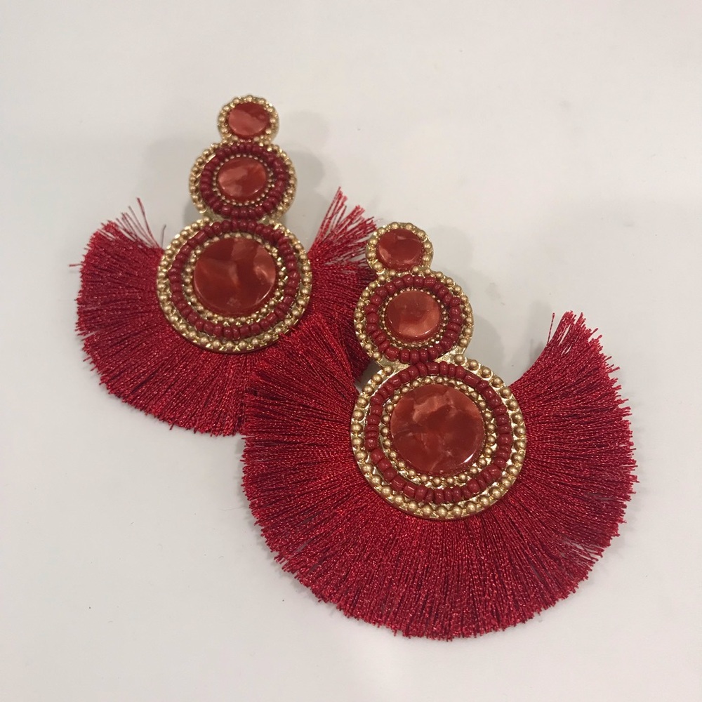 Roxy Burgundy Circle Fan Tassel Drop Earrings